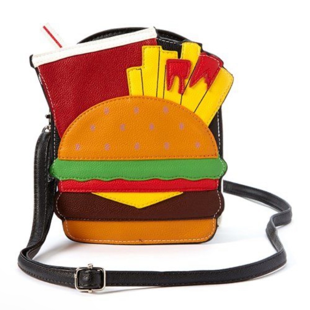 Novelty Sleepyville Critters | Black Hamburger Meal Crossbody bag